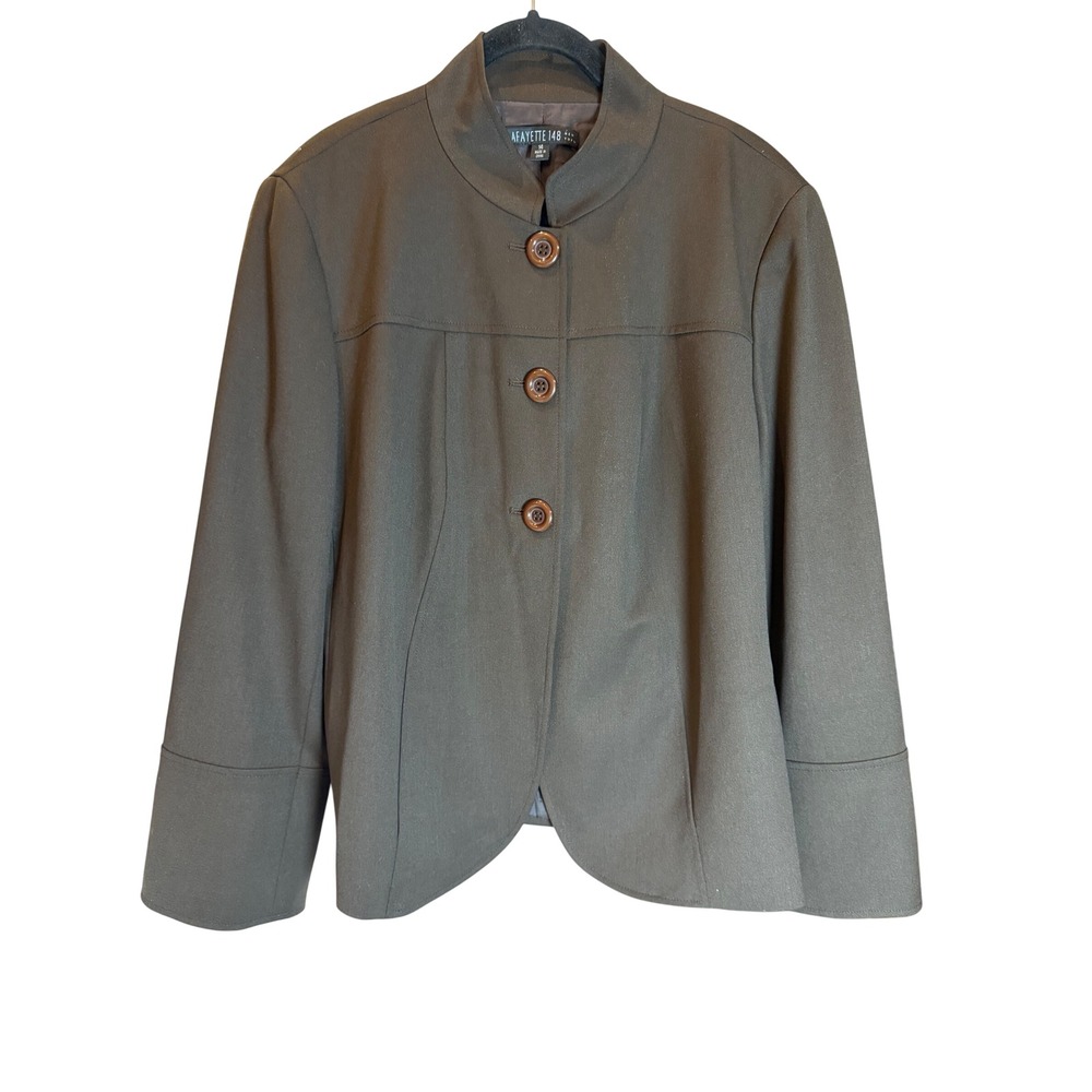 Lafayette 148 New York Women Olive Green Wool Blend Stand Collar Blazer Size 14